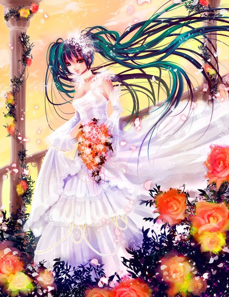 Anime picture 1569x2037 with vocaloid hatsune miku chirarizushi single tall image twintails green eyes very long hair green hair girl dress flower (flowers) detached sleeves petals bouquet wedding dress