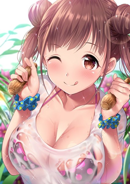 Anime picture 1013x1433 with idolmaster idolmaster shiny colors sonoda chiyoko garana single long hair tall image looking at viewer blush fringe breasts light erotic smile brown hair large breasts standing twintails holding brown eyes cleavage