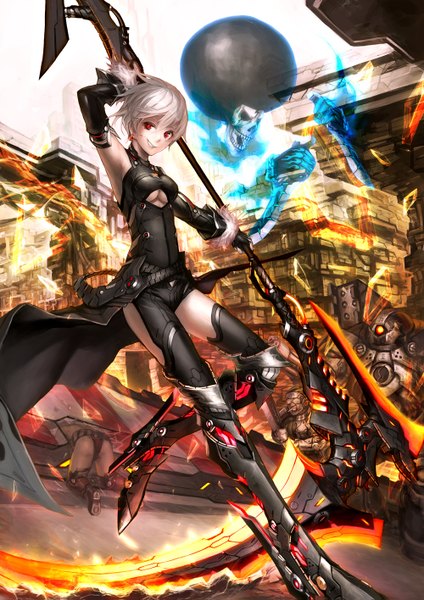Anime picture 1000x1415 with original spark621 single tall image short hair breasts smile red eyes holding looking away glowing happy dual wielding glow angry glowing weapon hollow girl weapon boots