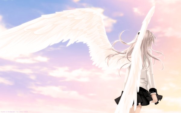 Anime picture 2560x1600 with angel beats! key (studio) tachibana kanade single long hair highres wide image standing sky silver hair cloud (clouds) wallpaper angel wings angel girl uniform school uniform wings