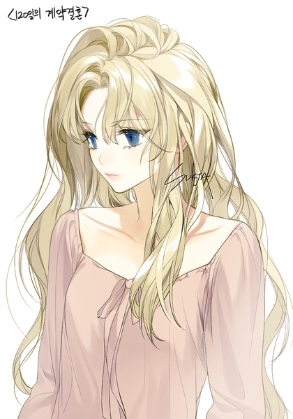 Anime picture 700x1000 with original sorolp single long hair tall image blush fringe breasts blue eyes simple background blonde hair hair between eyes white background signed looking away upper body dated expressionless messy hair 2020