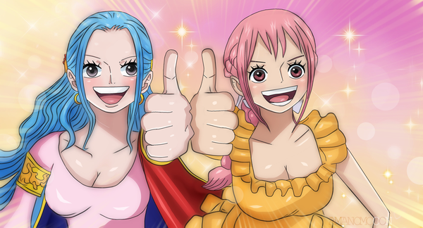 Anime picture 3820x2064 with one piece toei animation nefertari vivi rebecca (one piece) amanomoon long hair looking at viewer blush fringe highres breasts open mouth simple background smile wide image multiple girls signed payot blue hair pink hair