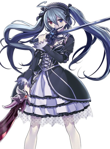 Anime picture 3169x4271 with dragon maker gaou (umaiyo puyoman) single long hair tall image looking at viewer blush highres simple background white background twintails absurdres ahoge grey hair heterochromia lolita fashion girl dress bow weapon
