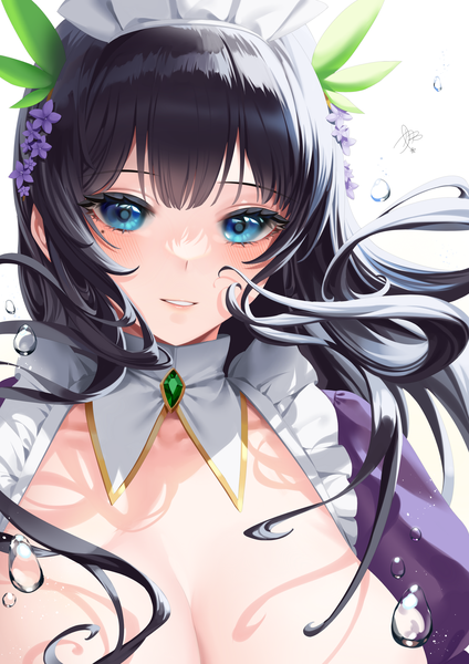 Anime picture 2480x3507 with last origin oberonia rhea (last origin) teddyellow single long hair tall image looking at viewer blush fringe highres breasts blue eyes light erotic black hair simple background white background signed cleavage upper body blunt bangs