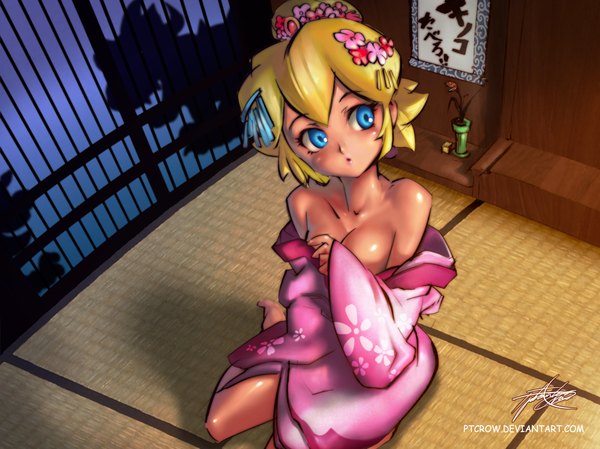 Anime picture 1987x1490 with super mario bros. princess peach phantom (ptcrow) single blush highres short hair blue eyes light erotic blonde hair bare shoulders looking away traditional clothes japanese clothes girl hair ornament kimono sliding doors shouji