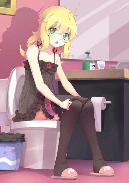 Anime picture 1000x1414 with original sonikey0 0 single long hair tall image looking at viewer open mouth light erotic blonde hair green eyes girl thighhighs dress black thighhighs toilet