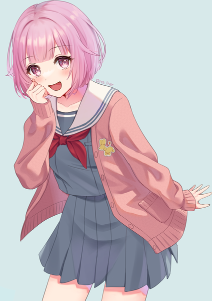 Anime picture 2000x2829 with project sekai ootori emu rea liser single tall image looking at viewer fringe highres short hair open mouth simple background signed pink hair blunt bangs :d pleated skirt pink eyes twitter username blue background girl