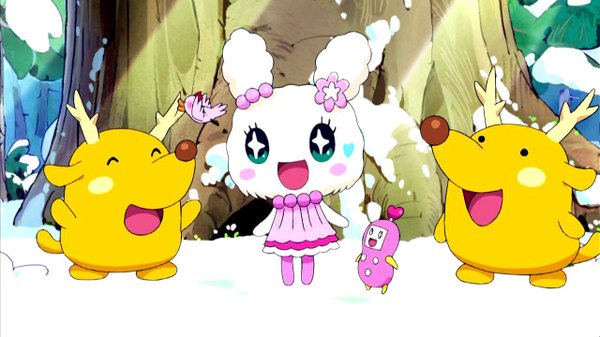 Anime picture 1280x720 with tamagotchi lovelin rednosetchi telelin open mouth smile wide image symbol-shaped pupils snowing winter snow + + laughing plant (plants) animal tree (trees) bird (birds) necklace bunny deer