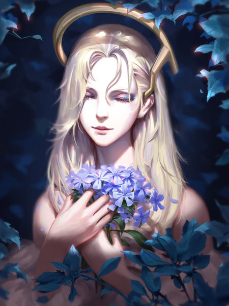 Anime-Bild 3000x4000 mit overwatch blizzard entertainment mercy (overwatch) liang xing single long hair tall image fringe highres blonde hair hair between eyes upper body eyes closed realistic portrait girl flower (flowers) leaf (leaves) bouquet