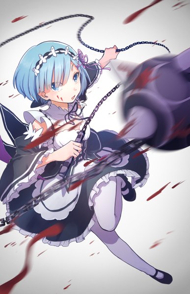 Anime picture 614x950 with re:zero kara hajimeru isekai seikatsu white fox rem (re:zero) shake sawa single tall image looking at viewer fringe short hair open mouth blue eyes simple background standing holding blue hair bent knee (knees) blurry hair over one eye grey background wide sleeves