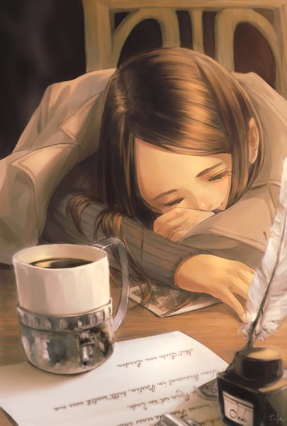 Anime picture 1000x1479 with original teyuruun long hair tall image brown hair eyes closed light smile reclining sleeping girl feather (feathers) chair table coat cup photo (object) letter