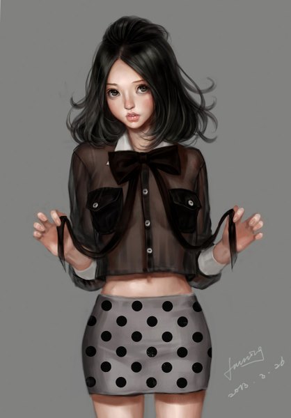 Anime picture 837x1200 with original bobo1983 single long hair tall image looking at viewer black hair simple background signed black eyes grey background polka dot transparent girl skirt navel bowtie