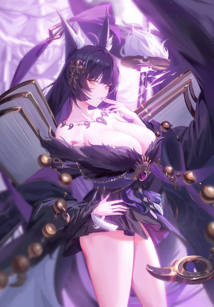 Anime picture 1500x2154 with azur lane musashi (azur lane) dongfangzhong111 single tall image looking at viewer fringe breasts light erotic black hair large breasts standing brown eyes animal ears cleavage ahoge blunt bangs very long hair nail polish traditional clothes