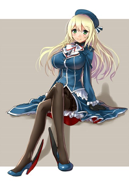 Anime picture 566x800 with kantai collection atago heavy cruiser katahira masashi single long hair tall image looking at viewer blush breasts blue eyes simple background blonde hair smile large breasts sitting crossed legs girl skirt gloves uniform