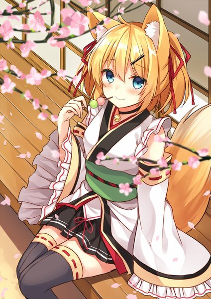 Anime picture 600x848 with original shiromikan single tall image looking at viewer blush fringe short hair blue eyes blonde hair smile hair between eyes sitting twintails animal ears ahoge outdoors tail animal tail pleated skirt