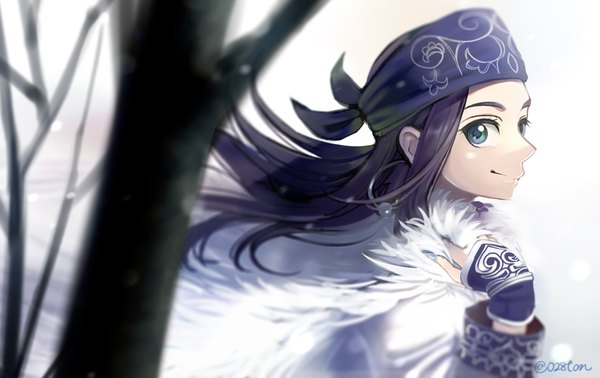 Anime picture 950x600 with golden kamuy asirpa otton single long hair looking at viewer smile signed purple hair upper body outdoors traditional clothes aqua eyes wind twitter username bare tree ainu clothes girl plant (plants) earrings