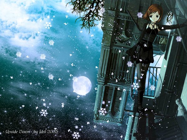 Anime picture 1024x768 with original yoshida seiji tanaha single short hair brown hair long sleeves black eyes snowing third-party edit upside down architecture gothic girl thighhighs dress black thighhighs black dress building (buildings) garter straps