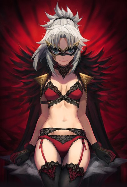 Anime picture 1193x1760 with fate (series) fate/apocrypha mordred (fate) tonee single tall image looking at viewer fringe short hair breasts light erotic smile silver hair aqua eyes bare belly fur trim underwear only thigh gap alternate hair color alternate eye color