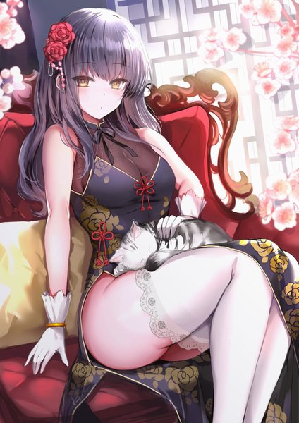 Anime picture 711x1006 with original mafuyu single long hair tall image looking at viewer blush fringe breasts light erotic black hair sitting bare shoulders yellow eyes bent knee (knees) ass traditional clothes hair flower floral print chinese clothes