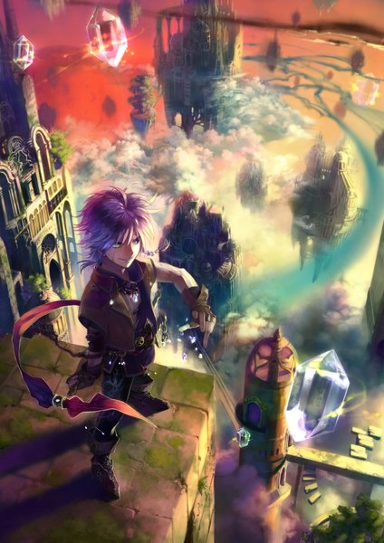 Anime picture 1654x2339 with umiu geso single tall image short hair smile pink hair heterochromia single braid scar fantasy boy gloves crystal flying castle