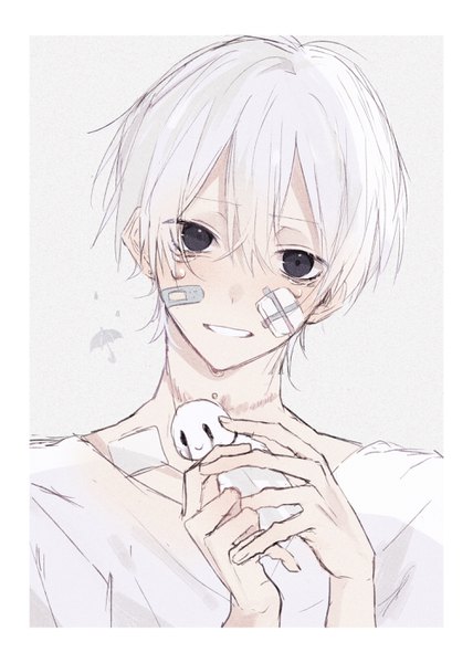 Anime picture 2000x2800 with original 86+ single tall image looking at viewer fringe highres short hair simple background hair between eyes holding upper body white hair head tilt black eyes tears border bandaid on face boy bandaid