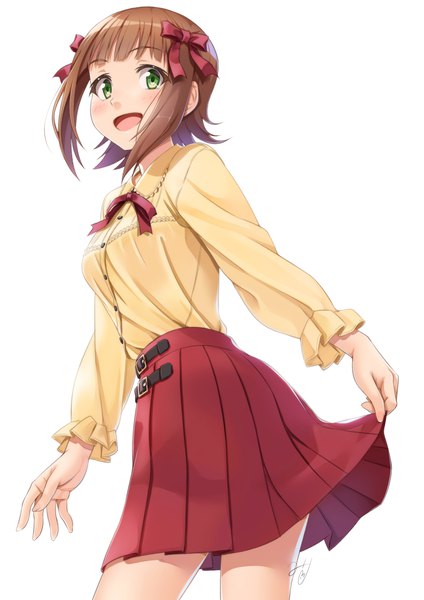 Anime picture 827x1169 with idolmaster amami haruka miri (ago550421) single tall image looking at viewer blush short hair open mouth simple background brown hair white background green eyes signed pleated skirt skirt hold girl skirt bow hair bow