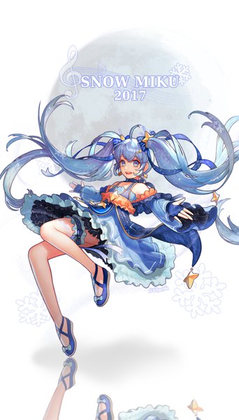 Anime picture 1500x2626 with vocaloid star night snow (vocaloid) hatsune miku yuki miku yuki miku (2017) soyoong jun single tall image blue eyes white background twintails blue hair full body ahoge very long hair character names reflection spread arms 2017 treble clef