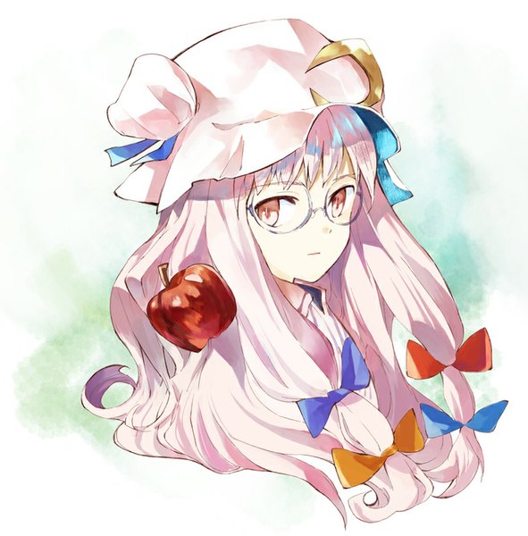 Anime picture 787x800 with touhou patchouli knowledge ogawa maiko single long hair tall image looking at viewer fringe simple background white background purple eyes purple hair portrait bespectacled girl bow hair bow glasses bonnet fruit