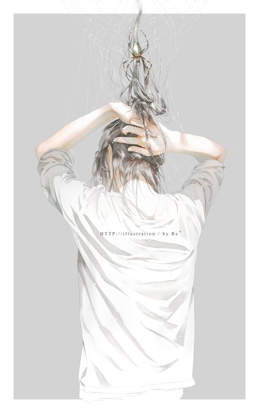 Anime-Bild 921x1464 mit original re (artist) single tall image short hair black hair simple background upper body from behind short sleeves border arms behind head boy shirt white shirt insect spider web spider