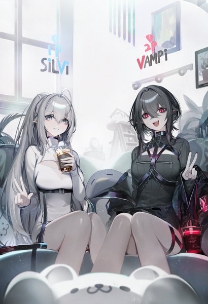 Anime picture 2798x4096 with original chyan long hair tall image looking at viewer fringe highres short hair breasts open mouth black hair hair between eyes red eyes large breasts sitting multiple girls ahoge bent knee (knees) ponytail indoors