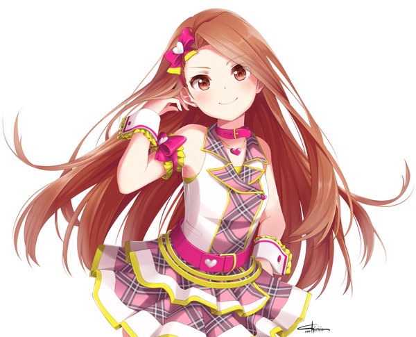 Anime picture 4600x3720 with idolmaster minase iori chiiririn single long hair looking at viewer blush highres simple background smile red eyes brown hair white background absurdres check my note girl dress bow