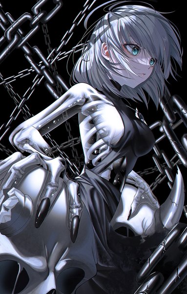 Anime picture 4429x6947 with original noubin single tall image highres short hair light erotic standing bare shoulders looking away absurdres nail polish aqua eyes fingernails wind arm support anaglyph transparent monster girl skeleton