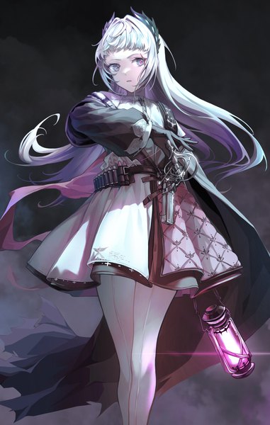 Anime picture 1595x2514 with arknights irene (arknights) iowae single long hair tall image fringe looking away silver hair horn (horns) grey eyes black background scar girl gloves weapon pantyhose sword black gloves lantern