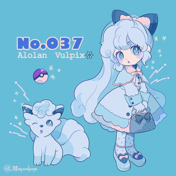 Anime picture 1923x1923 with pokemon nintendo alolan vulpix mameeekueya single highres open mouth simple background standing signed blue hair looking away full body ponytail very long hair character names twitter username blue background gen 1 pokemon personification