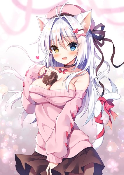 Anime-Bild 850x1200 mit original aina rive mauve single long hair tall image blush breasts open mouth light erotic large breasts animal ears silver hair ahoge tail :d animal tail cat ears off shoulder cat girl