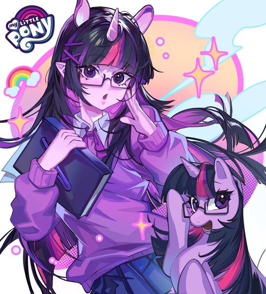 Anime picture 4700x5200 with my little pony twilight sparkle mato-c single long hair tall image looking at viewer blush fringe highres open mouth black hair purple eyes holding animal ears pink hair absurdres purple hair blunt bangs long sleeves