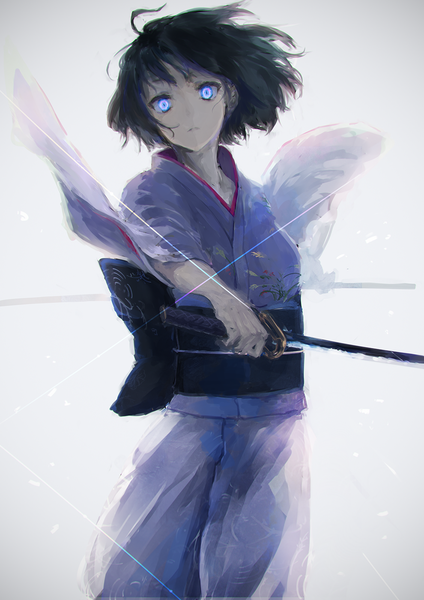 Anime picture 990x1400 with kara no kyoukai type-moon ryougi shiki rean (r ean) single tall image fringe short hair black hair standing purple eyes holding traditional clothes parted lips japanese clothes girl weapon sword katana obi