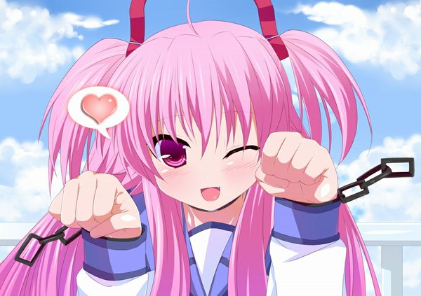 Anime picture 1024x723 with angel beats! key (studio) yui (angel beats!) nigo (aozoragarou) single long hair open mouth pink hair cloud (clouds) one eye closed pink eyes wink two side up girl heart