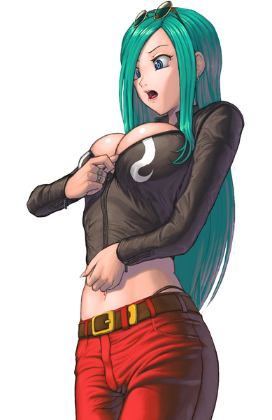 Anime picture 700x1081 with street fighter street fighter 3 capcom remy (street fighter) nekkeau single long hair tall image breasts open mouth blue eyes light erotic simple background large breasts standing white background payot green hair midriff third-party edit