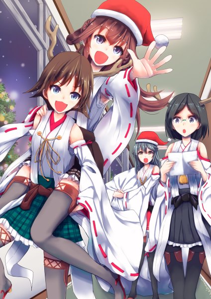 Anime picture 848x1200 with kantai collection kongou battleship haruna battleship kirishima battleship hiei battleship konkito long hair tall image blush short hair open mouth blue eyes black hair brown hair multiple girls brown eyes traditional clothes horn (horns) fur trim christmas