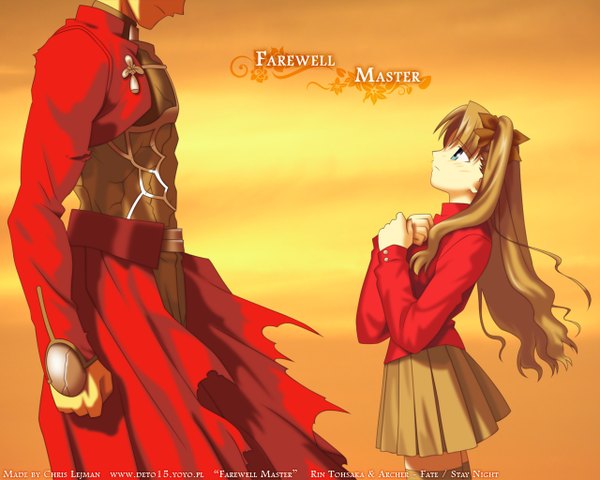 Anime picture 1280x1024 with fate (series) fate/stay night studio deen type-moon toosaka rin archer (fate) long hair simple background brown hair couple torn clothes no face girl boy skirt