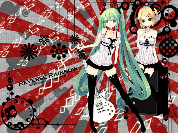 Anime picture 1024x768 with vocaloid hatsune miku kagamine rin twintails very long hair aqua eyes aqua hair girl thighhighs skirt guitar amplifier guitar amplifier