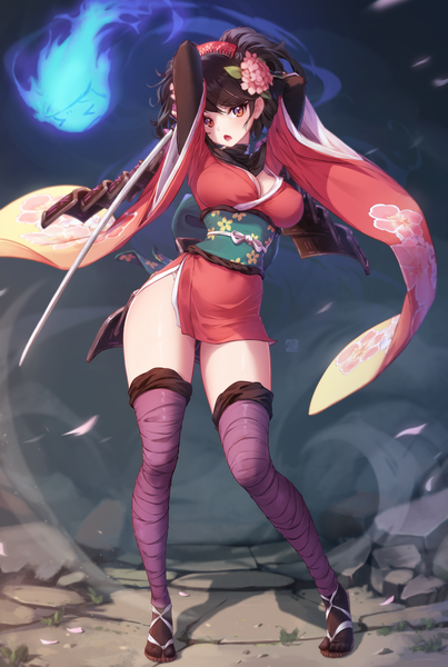 Anime picture 4942x7357 with oboro muramasa (game) vanillaware momohime mitsu (mitsu art) single tall image looking at viewer fringe highres short hair breasts open mouth light erotic large breasts standing twintails brown eyes absurdres full body traditional clothes
