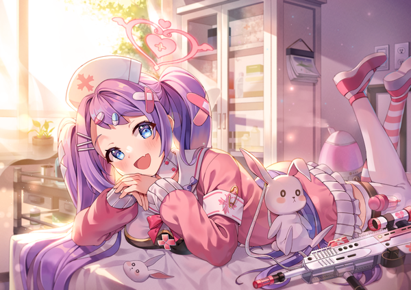 Anime picture 4961x3508 with blue archive hanae (blue archive) pongu single looking at viewer blush highres open mouth blue eyes twintails absurdres purple hair indoors lying very long hair :d fang (fangs) on stomach different thighhighs girl