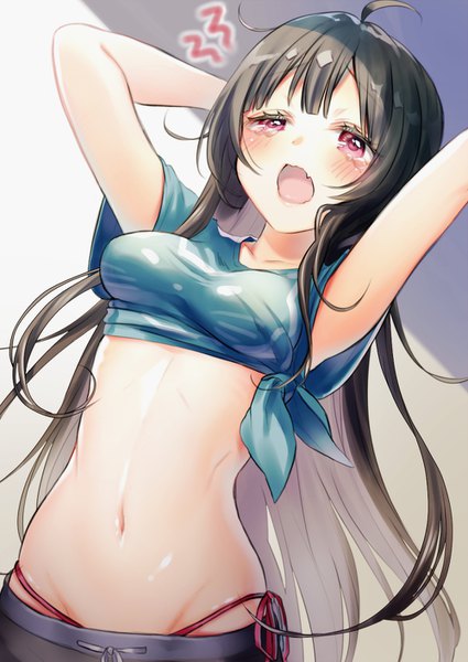 Anime picture 1000x1412 with original shirako sei single long hair tall image looking at viewer fringe breasts open mouth light erotic black hair red eyes blunt bangs arm up blurry bare belly midriff fang (fangs) depth of field tears