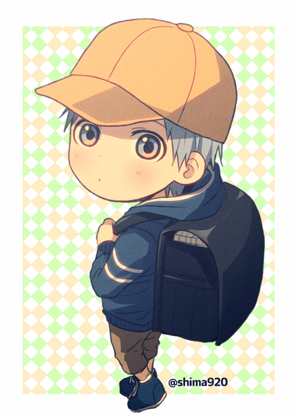 Anime picture 600x847 with kuroko no basket production i.g kuroko tetsuya mashima shima single tall image blush short hair bent knee (knees) looking back aqua hair alternate costume alternate age boy hood child (children) backpack randoseru