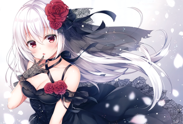 Anime picture 4239x2888 with original mitsuba choco single long hair looking at viewer blush fringe highres breasts open mouth simple background hair between eyes red eyes standing absurdres white hair hair flower scan :o fang (fangs)