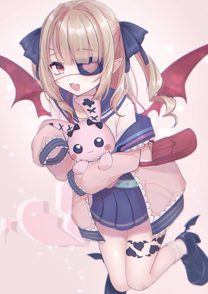Anime picture 1446x2048 with virtual youtuber nijisanji makaino ririmu makaino ririmu (4th costume) siotaham single long hair tall image looking at viewer open mouth blonde hair red eyes :d pointy ears fang (fangs) two side up vampire heart print girl uniform