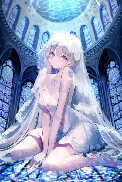 Anime picture 3100x4630 with original chiachun0621 single tall image looking at viewer blush fringe highres breasts hair between eyes large breasts sitting purple eyes absurdres cleavage silver hair full body very long hair blurry no shoes