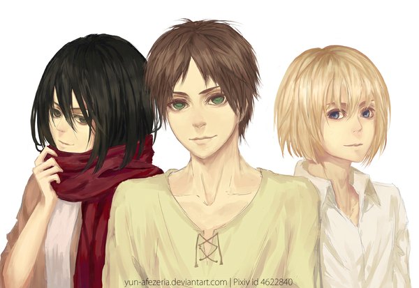 Anime picture 1000x689 with shingeki no kyojin production i.g mikasa ackerman eren yaeger armin arlert yun-afezeria (artist) looking at viewer short hair black hair simple background blonde hair smile brown hair white background holding green eyes blue hair looking away light smile lips